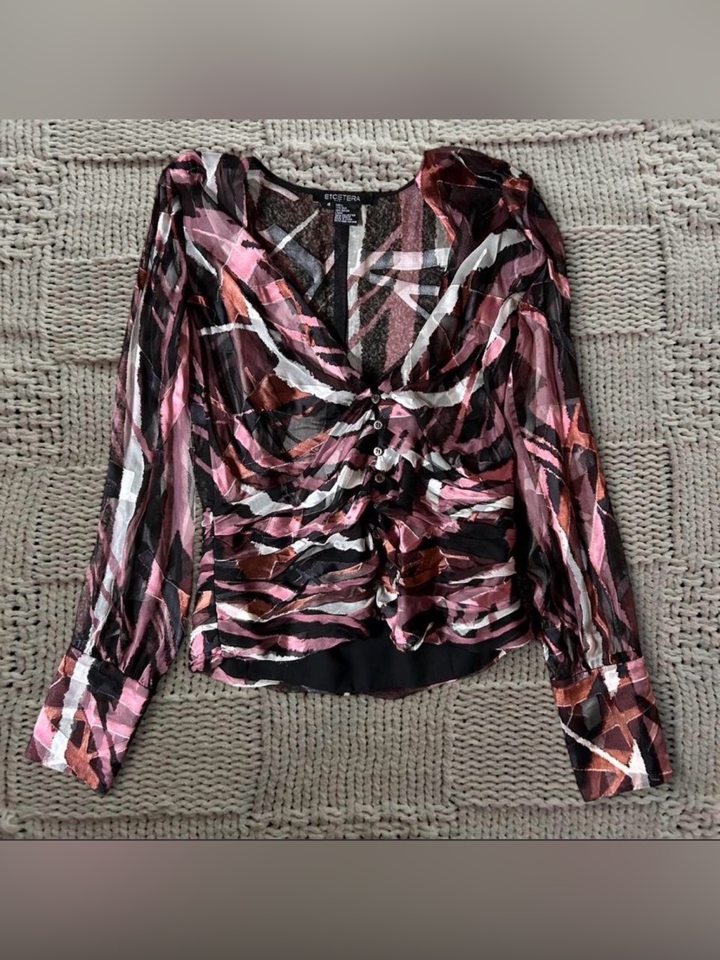 Vintage Etcetera Long Sleeve Scrunched Mesh Blouse Size 4